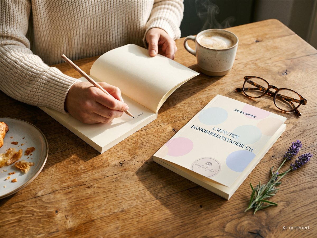 Das 5 Minuten Dankbarkeitstagebuch als Softcover auf dem Küchentisch, daneben Kaffee und eine Hand, die schreibt