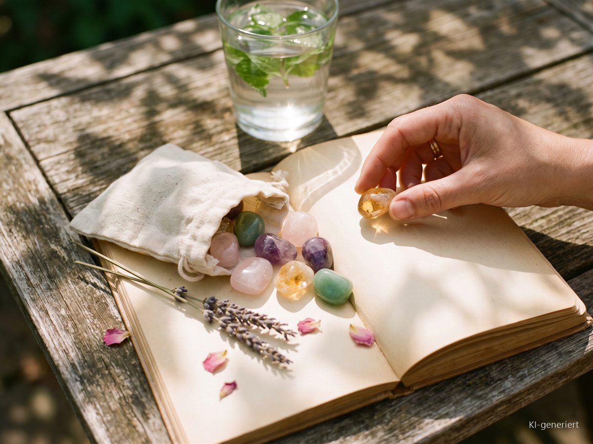 Edelsteine und ihre Bedeutung: 5 sanfte Rituale für mehr Leichtigkeit Hand legt einen Citrin zu Rosenquarz, Amethyst und Aventurin auf ein aufgeschlagenes Notizbuch