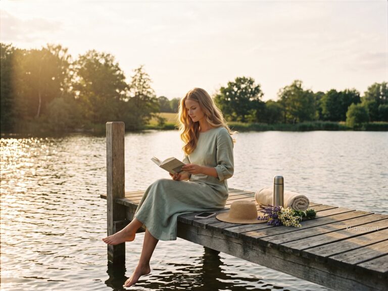 Frau sitzt am Abend auf einem Holzsteg am See, liest ein Buch und lässt die Füße ins Wasser hängen