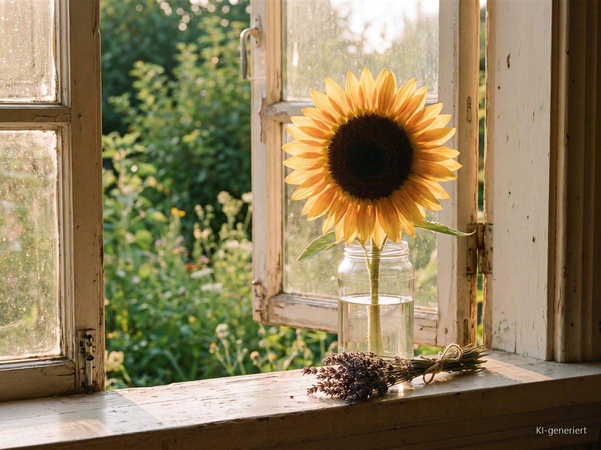 Was ich gelernt habe, als jemand den ich liebe verschwand Eine einzelne Sonnenblume in einem Glas auf einer sonnigen Fensterbank
