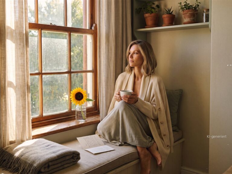 Frau sitzt nachdenklich mit einer Tasse Tee auf der Fensterbank, neben ihr eine Sonnenblume im Glas