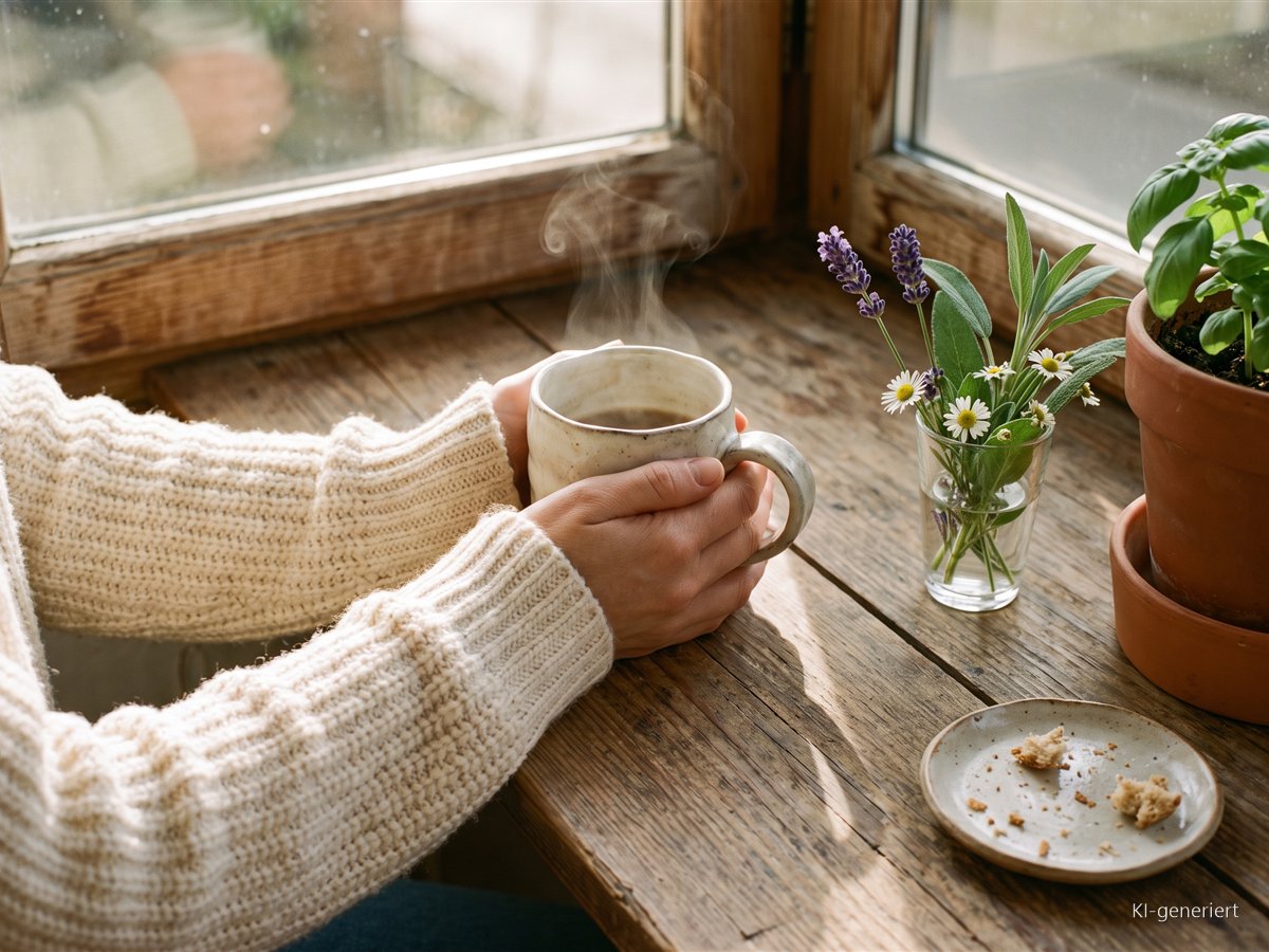 Kleine Freuden im Alltag: Wie du die schönen Momente endlich wieder bemerkst Zwei Hände umfassen eine dampfende Tasse Kaffee auf einer sonnigen Fensterbank mit Blumen und Basilikum