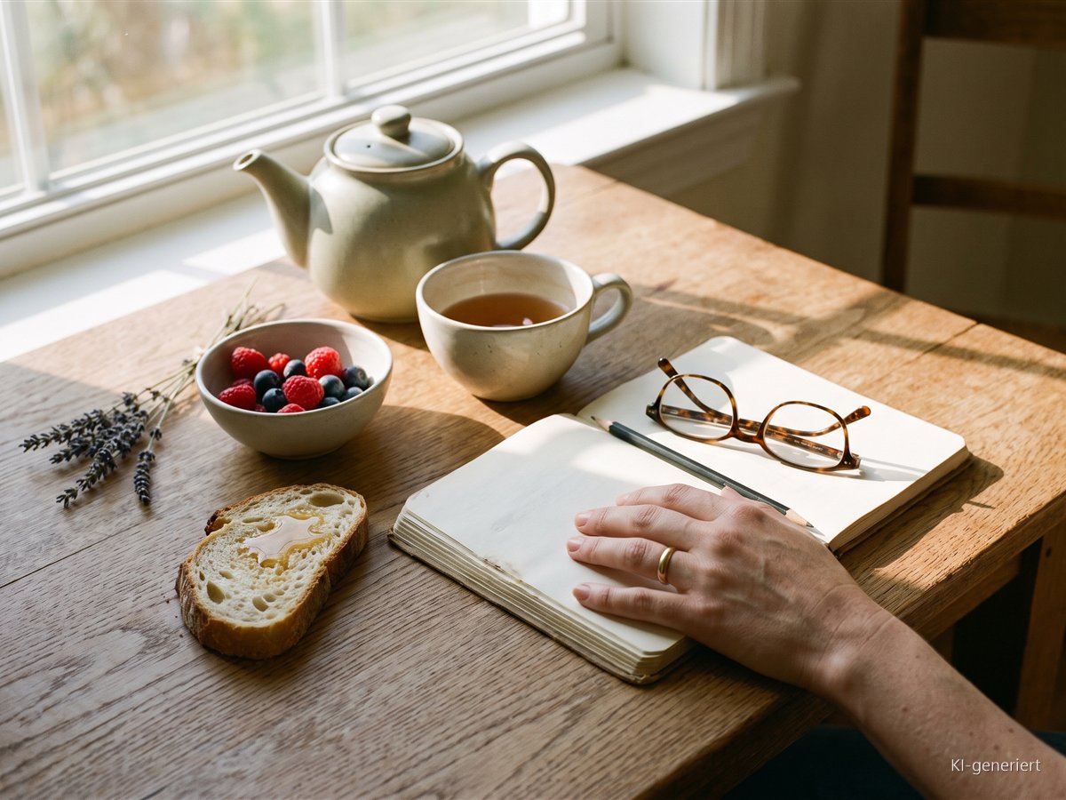 Die langsame Morgenroutine: Wie dein Sommertag sanft beginnt Frühstückstisch am Fenster mit Teekanne, Beeren, Honigbrot und aufgeschlagenem Notizbuch mit Brille
