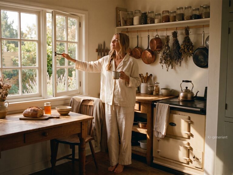 Frau öffnet früh am Morgen barfuß das Küchenfenster, eine dampfende Tasse in der Hand