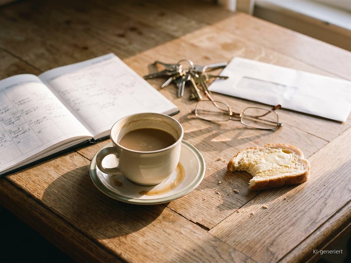 Müde oder mehr? Woran du erkennst, dass du dir Unterstützung holen darfst Kalter Kaffee, ein voller Kalender, Schlüssel und Brille auf dem Küchentisch