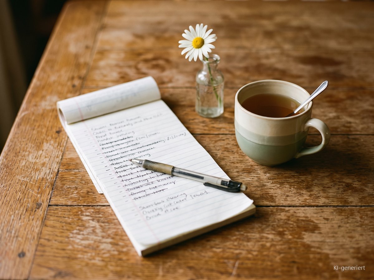 Warum du nicht funktionieren musst um wertvoll zu sein Lange To-do-Liste auf dem Küchentisch, daneben eine Tasse Tee und ein Gänseblümchen
