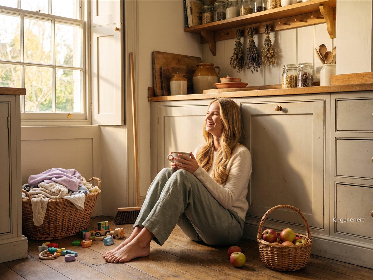 Frau sitzt mit einer Tasse Tee lachend auf dem Küchenboden, neben ihr Wäschekorb und Besen