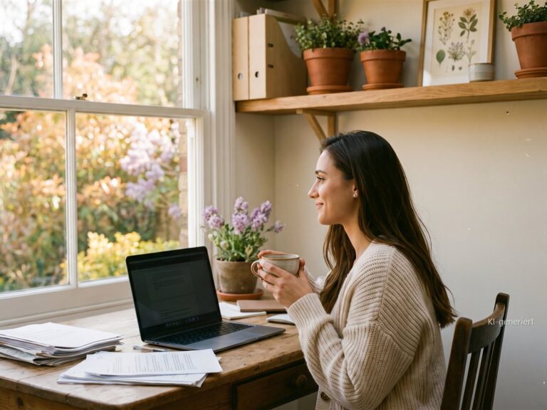Frau dreht sich vom vollen Schreibtisch weg zum Fenster und macht mit einer Tasse Tee Pause