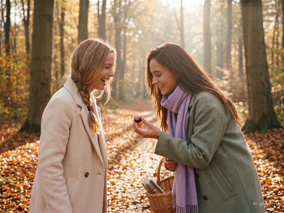 Zwei Freundinnen lachen auf einem Waldweg im Herbstlaub, eine zeigt eine Kastanie