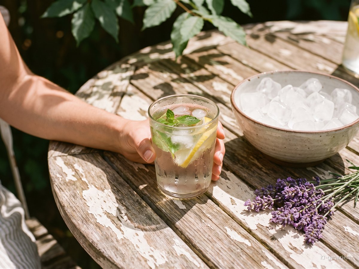 Abkühlung für die Seele: 5 Mini-Rituale für heiße Sommertage Hand hält ein Glas Eiswasser mit Minze und Zitrone neben einer Schale Eiswürfel und Lavendel