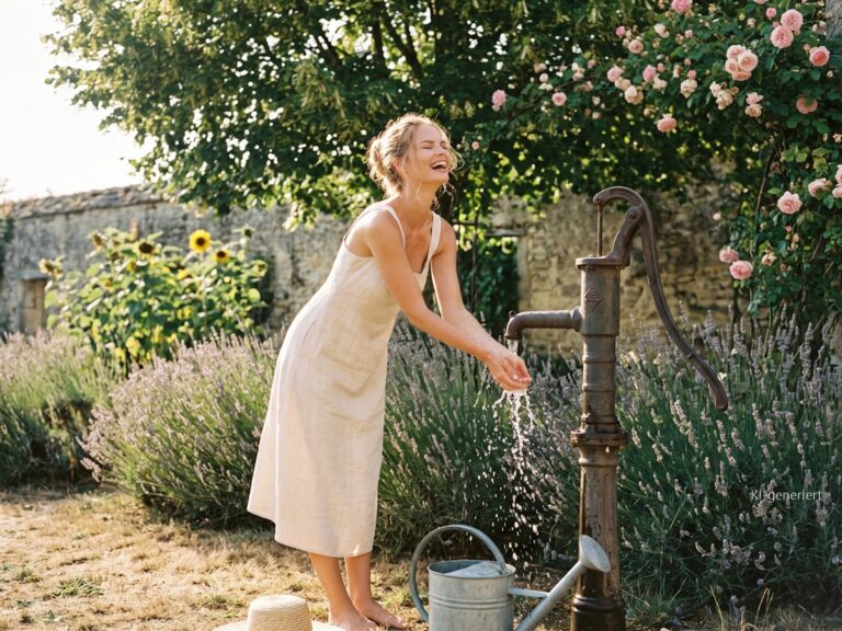 Frau kühlt sich lachend die Hände an einer alten Gartenpumpe zwischen Lavendel