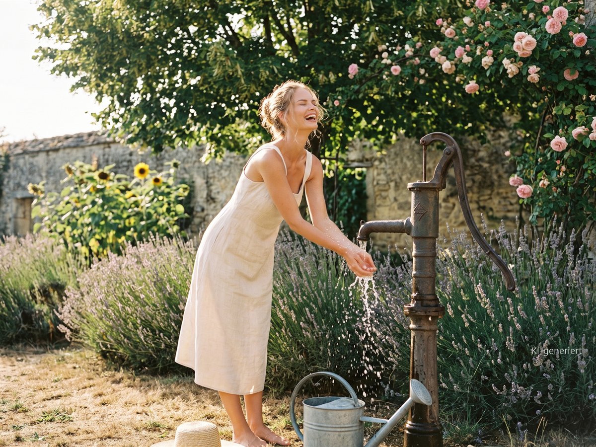 Frau kühlt sich lachend die Hände an einer alten Gartenpumpe zwischen Lavendel