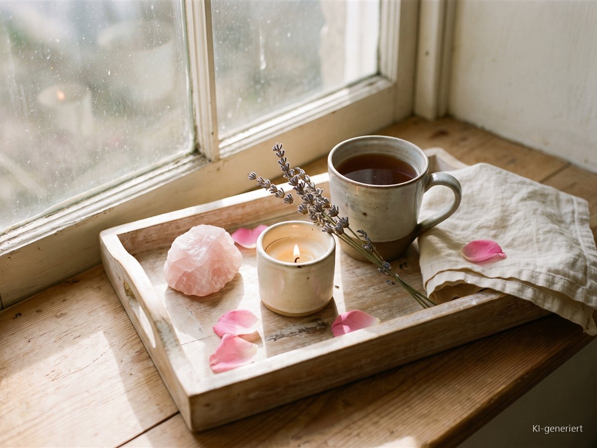 Holztablett am Fenster mit Rosenquarz, Kerze, Tee, Lavendel und Rosenblättern