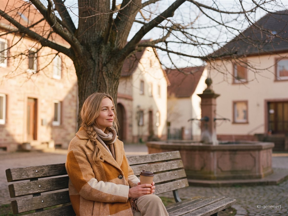 Ist Selbstliebe egoistisch? Warum sie nichts mit Egoismus zu tun hat Frau sitzt nachdenklich auf einer Bank unter einer Linde am Dorfbrunnen