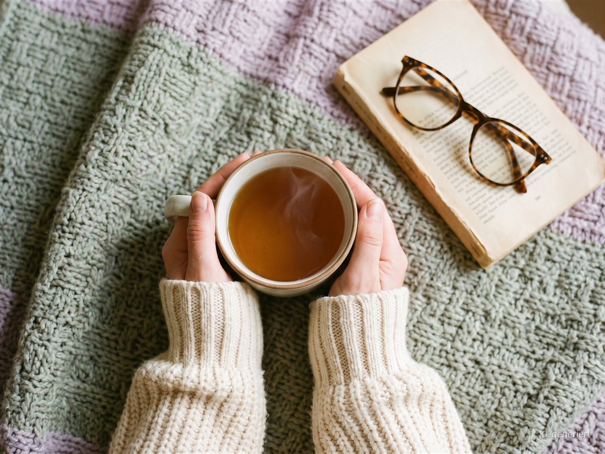 Ist Selbstliebe egoistisch? Warum sie nichts mit Egoismus zu tun hat Zwei Hände halten eine warme Tasse Tee über einer weichen Strickdecke, daneben Buch und Brille