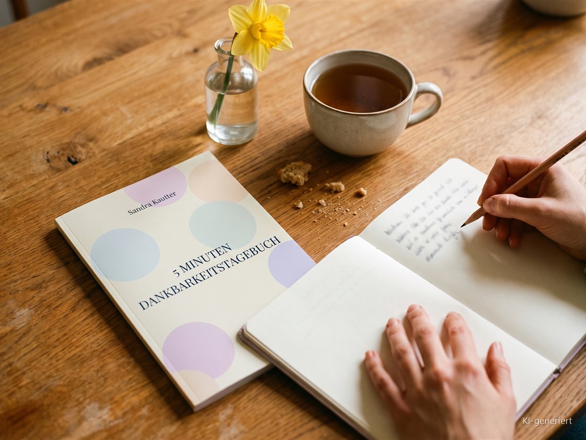 Das 5-Minuten-Dankbarkeitstagebuch liegt neben einem Notizbuch, in das eine Hand schreibt