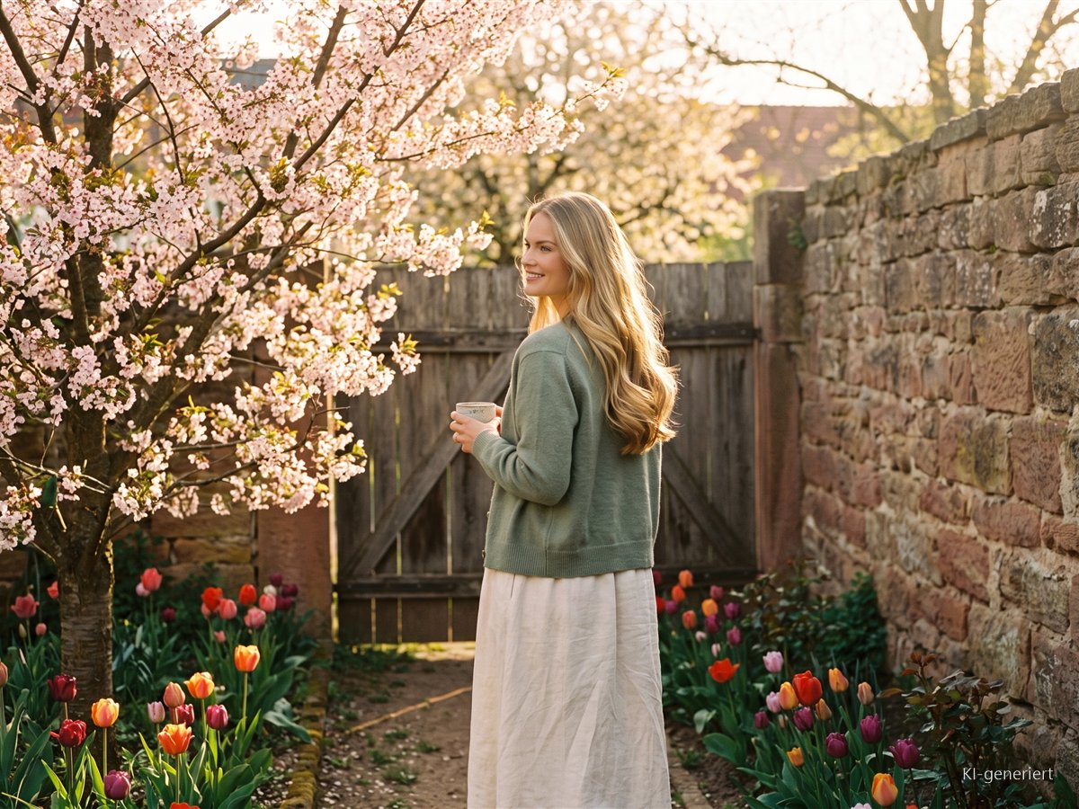 Frau geht morgens mit einer Tasse durch den Frühlingsgarten und schaut in einen blühenden Baum