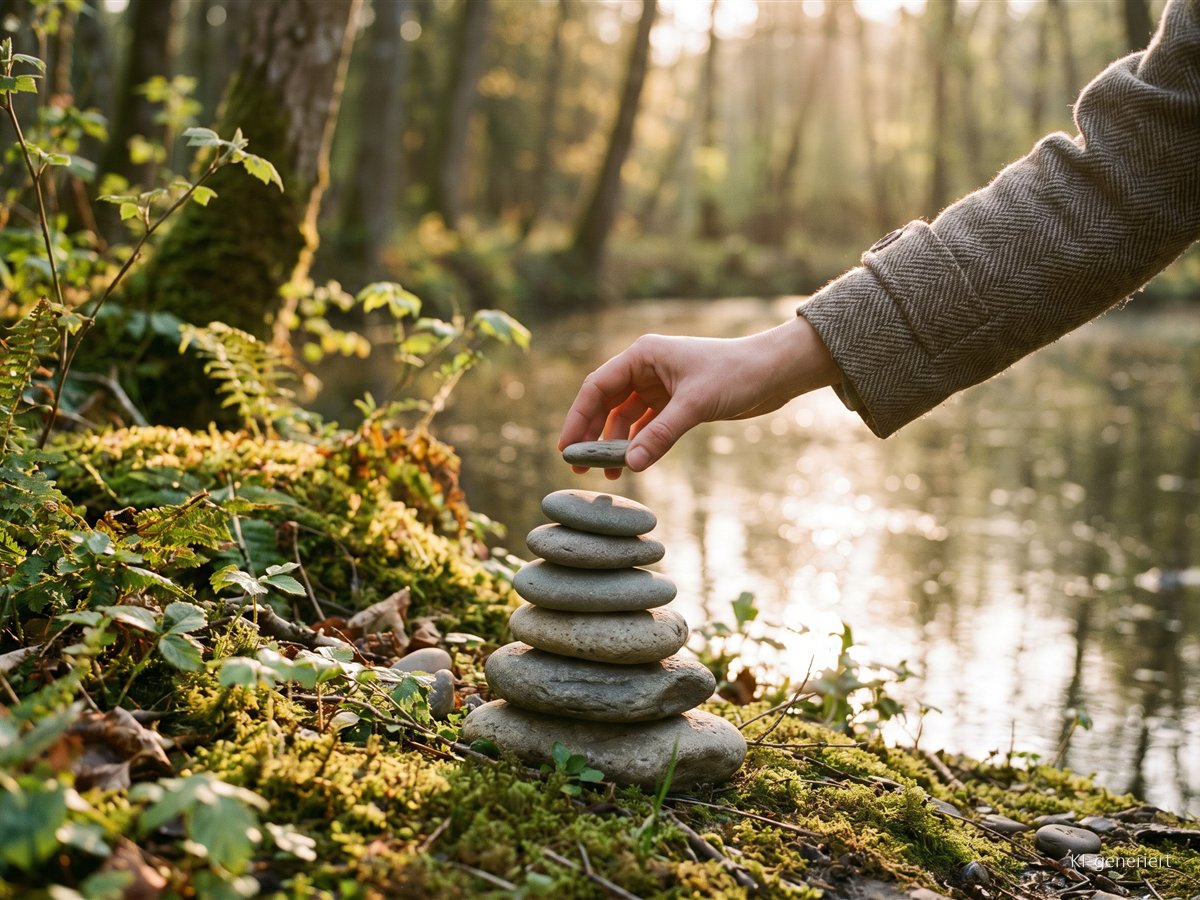 Hand legt einen flachen Stein auf einen kleinen Steinturm am Ufer eines Weihers
