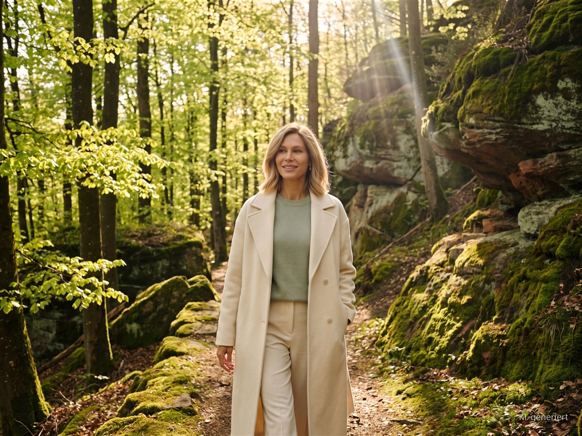Frau geht mit sicherem Schritt auf einem sonnigen Waldweg zwischen Buchen und Sandsteinfelsen