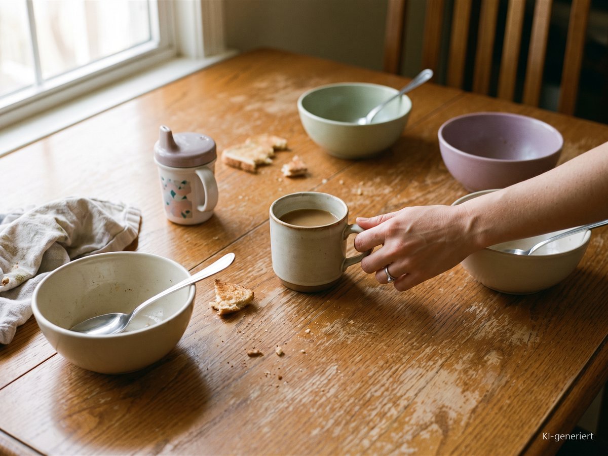 Sich selbst an erste Stelle setzen: Was passiert, wenn du dich selbst wählst Frühstückstisch nach dem Familienfrühstück, eine Hand greift endlich nach der eigenen Tasse Kaffee