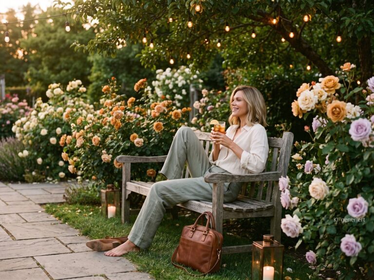 Frau sitzt am Sommerabend mit einem Glas auf einer Holzbank zwischen Rosen und Lichterketten
