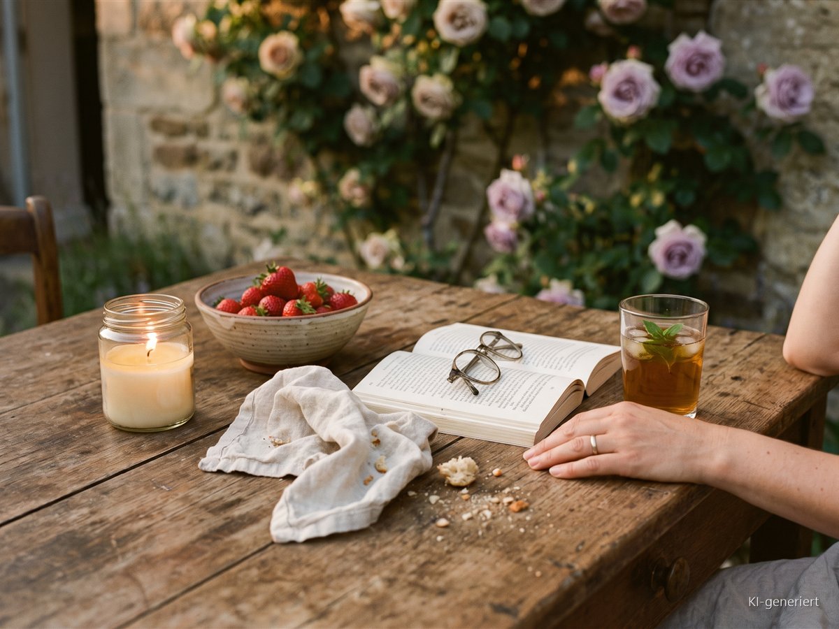 Gartentisch am Sommerabend mit Windlicht, Erdbeeren, aufgeschlagenem Buch mit Brille und Eistee
