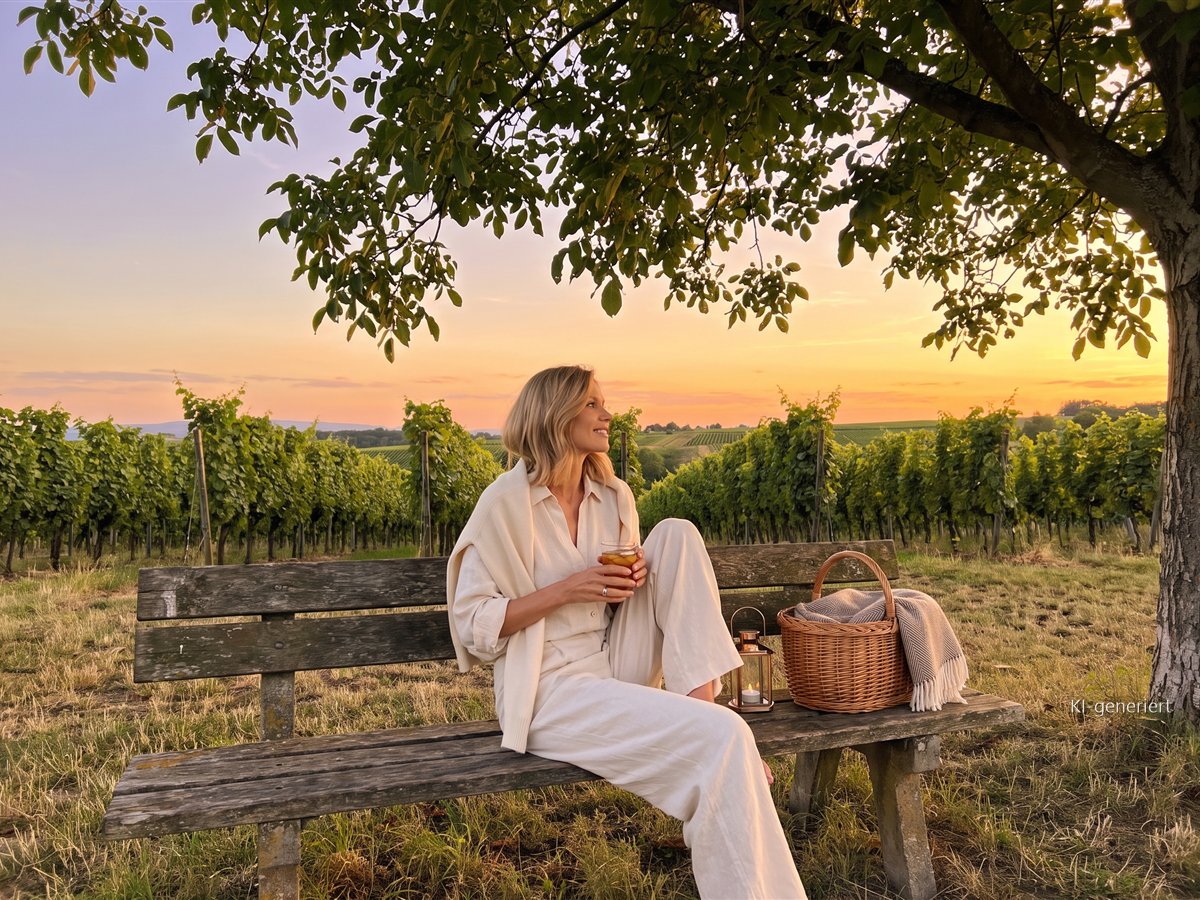 Frau sitzt bei Sonnenuntergang auf einer Holzbank am Rand eines Weinbergs und schaut in den Abendhimmel