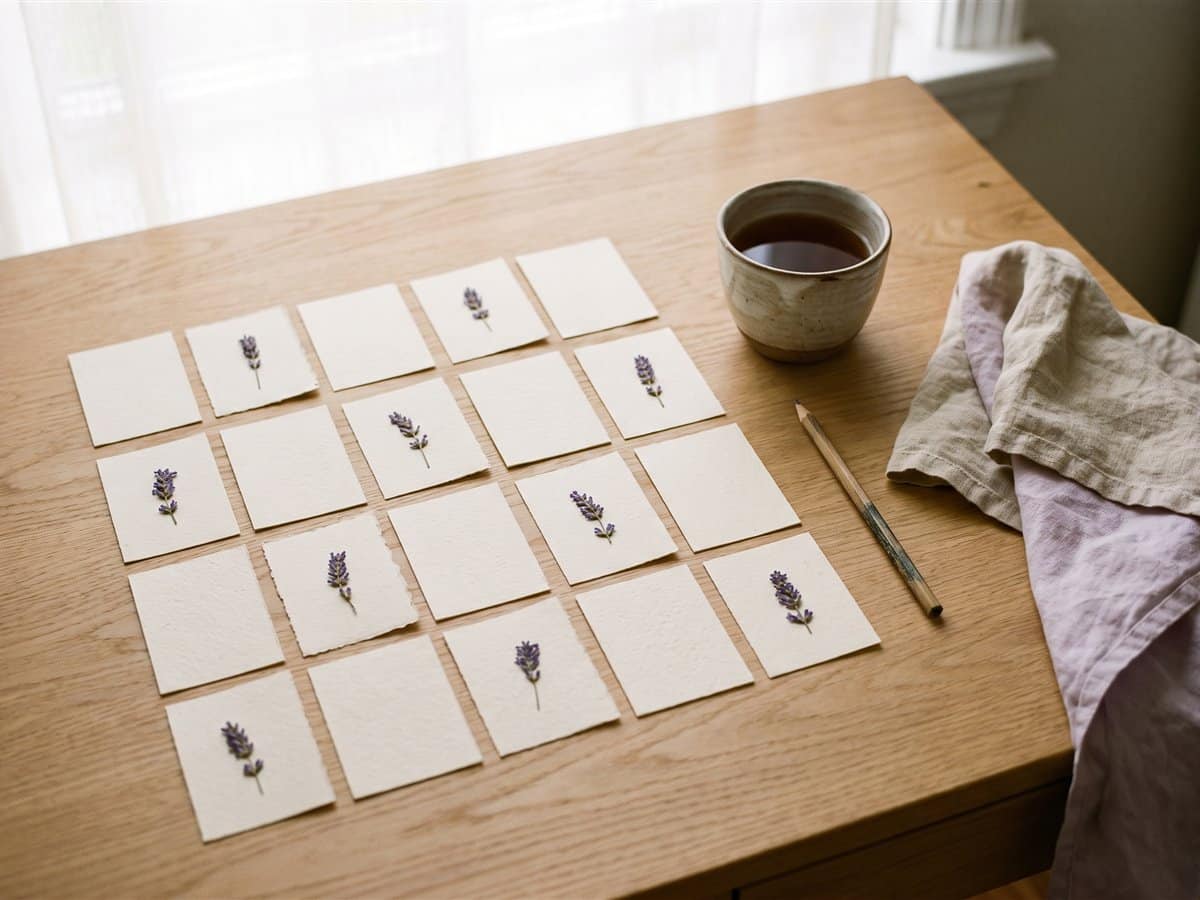 Kleine Papierkarten mit gepresstem Lavendel auf einem Holztisch