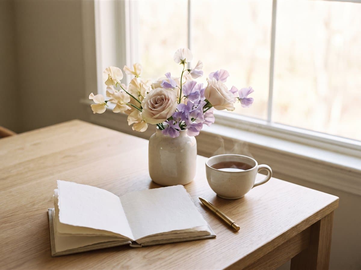 Leeres Tagebuch mit Stift, Blumen und Tee am Fenster