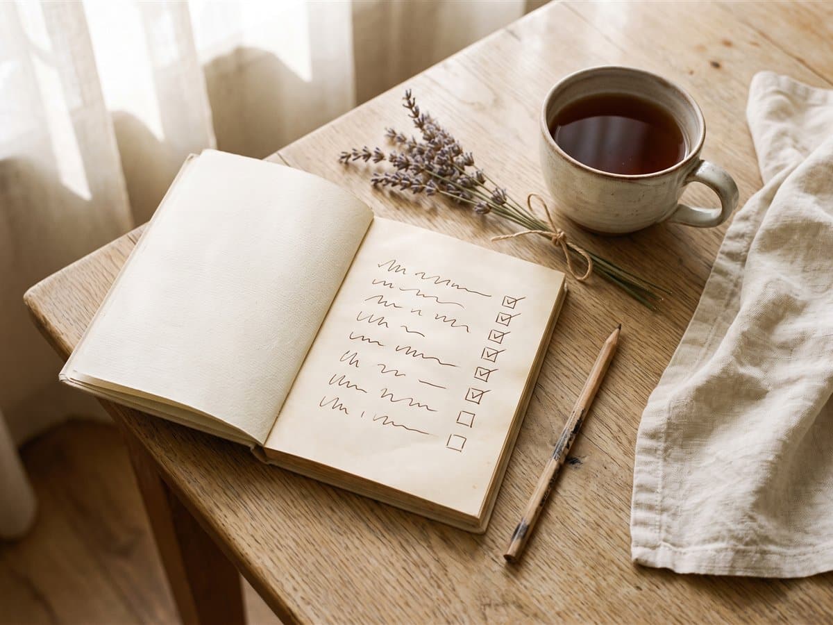 Aufgeschlagenes Notizbuch mit abgehakter Liste neben einer Tasse Tee