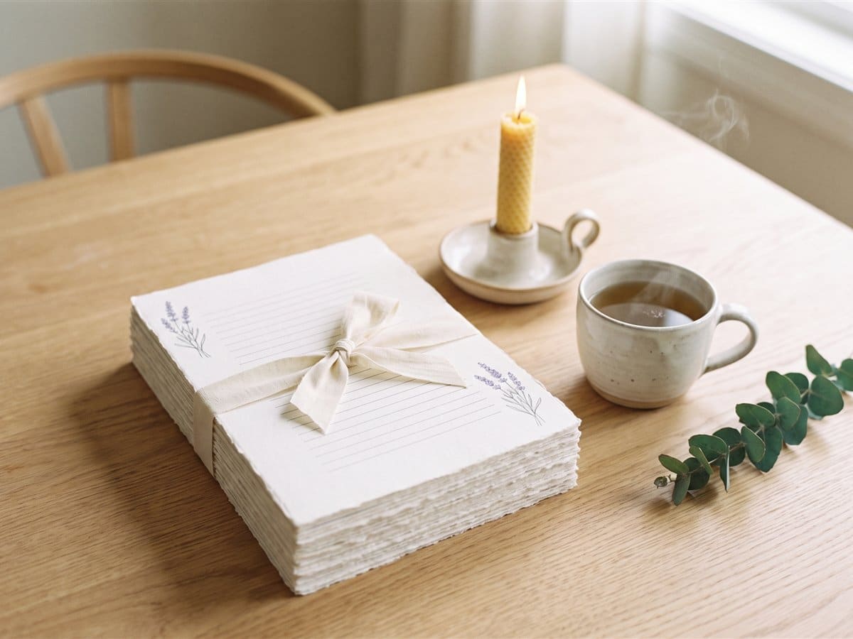 Stapel Workbook-Seiten mit Leinenschleife, Kerze und Tee