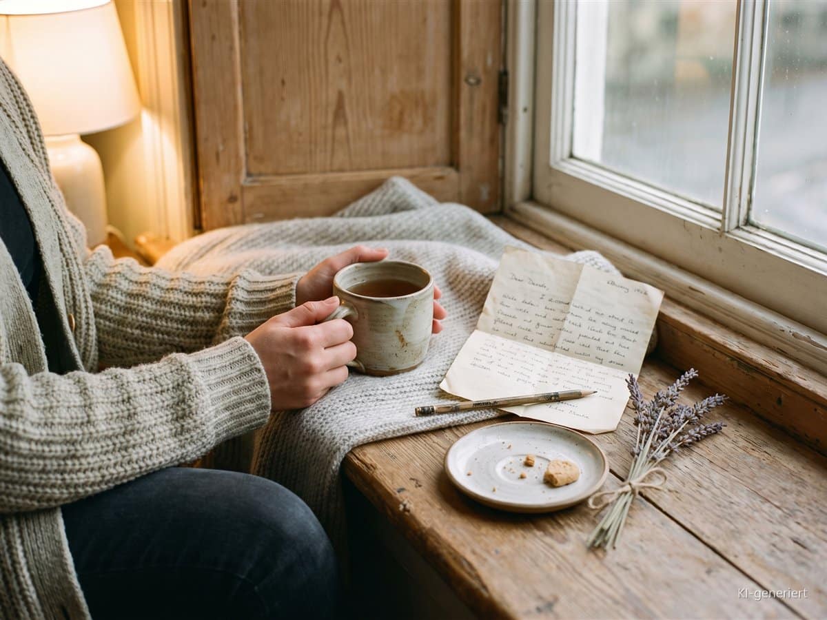 Traurig ohne Grund: Wenn die Leere kommt, obwohl alles gut ist Hände halten eine Tasse Tee auf einer Strickdecke, daneben ein Brief und Lavendel