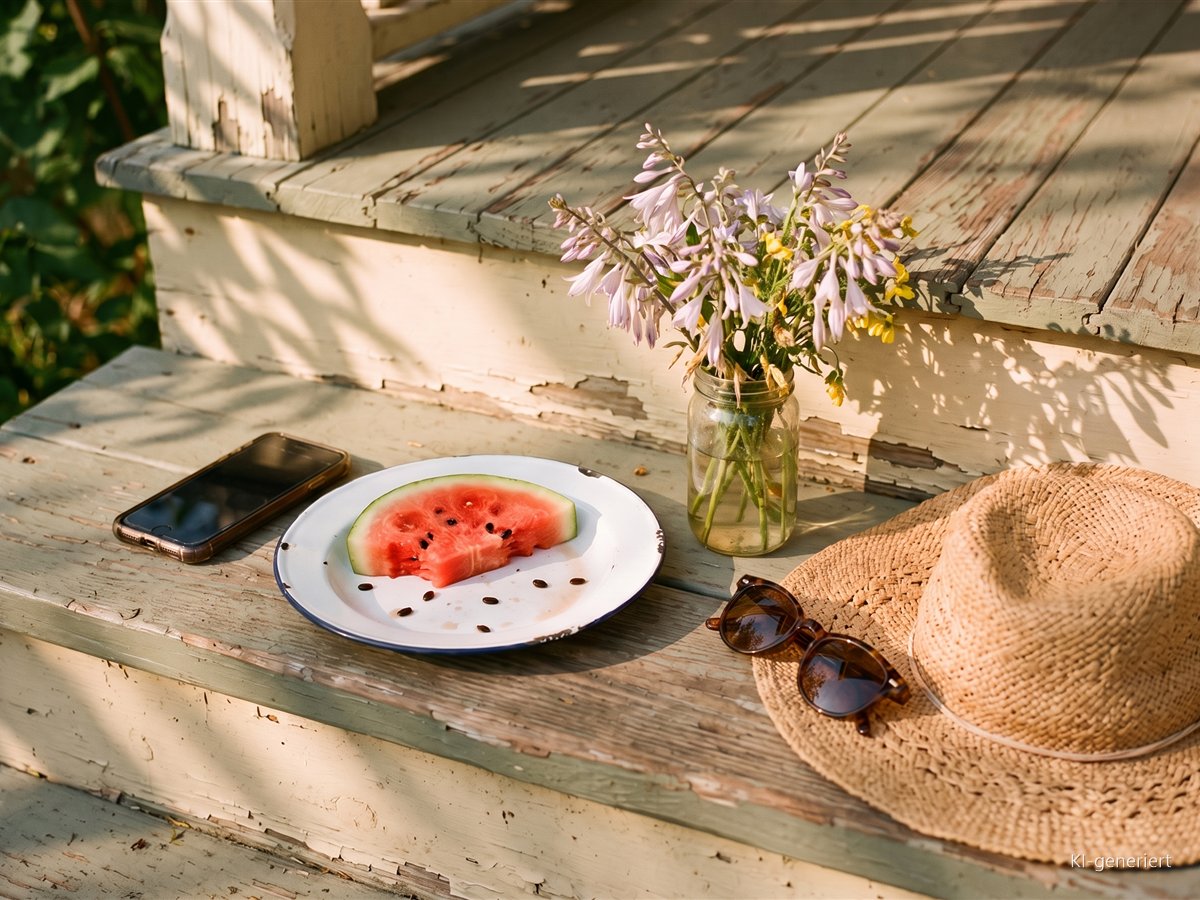 Der unperfekte Sommer: Warum du ihn ohne Druck genießen darfst Handy, angebissene Wassermelone, Sonnenbrille und ein Glas Wiesenblumen auf einer sonnigen Holzstufe