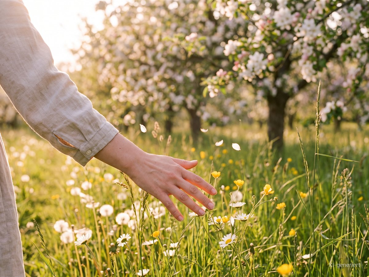 Zurück zur Natur: einfache Wege zu mehr Wohlbefinden Hand streicht über hohes Gras, Gänseblümchen und Butterblumen auf einer Frühlingswiese