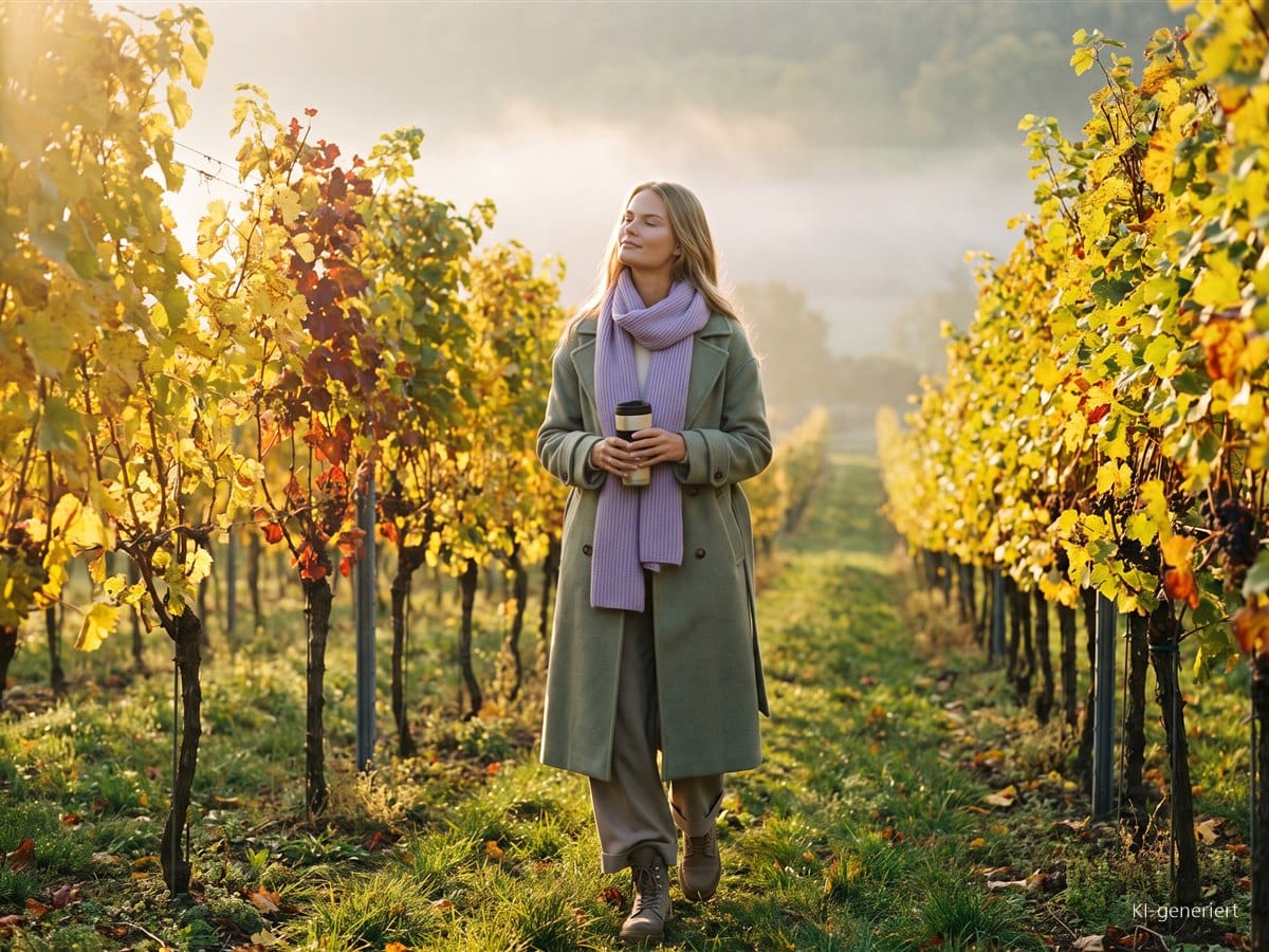Zeitumstellung am 25. Oktober: So kommst du sanft durch die Woche danach Frau geht morgens mit einem Becher durch die herbstlichen Weinberge